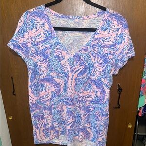 Lilly Pulitzer Ella v neck shirt pink and blue pattern large